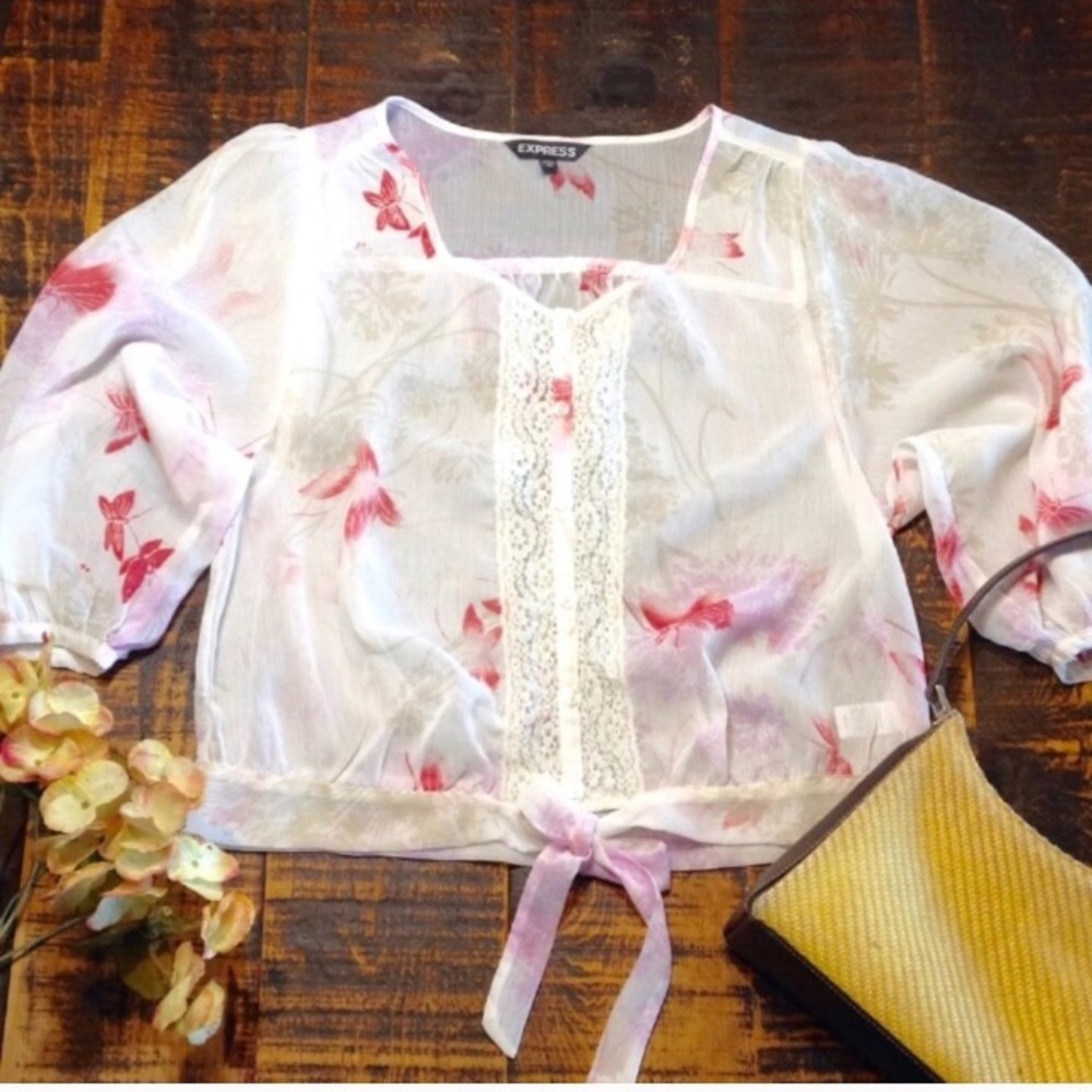 Express Sheer 3/4 Sleeve Butterfly Pattern Blouse